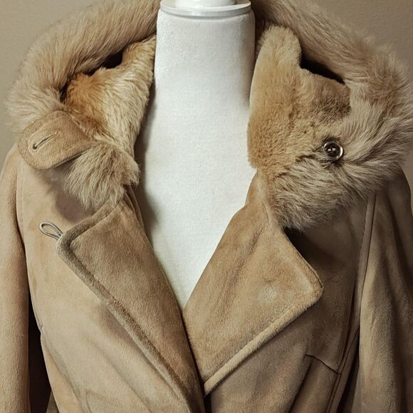 Leder Fischer Shearling Coat Womens Small Tan Suede Hooded Fur Trim Belted Long - Picture 8 of 16